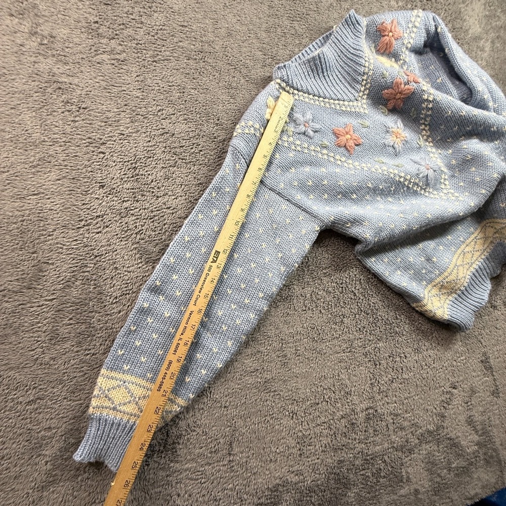Vintage Melbourne Elements Hand Knit Blue Floral Embroidered Fair Isle Sweater S - Picture 9 of 9
